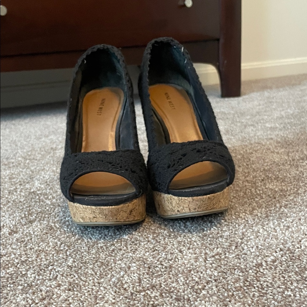 Nine West Black Lace Cork Platform Heels